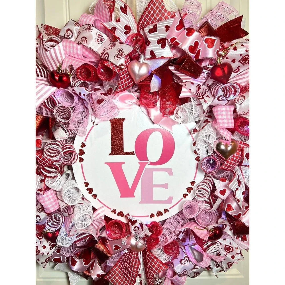 XL Handmade Valentine’s LOVE Ribbon Prelit Wreath 26 ins LED XLW4